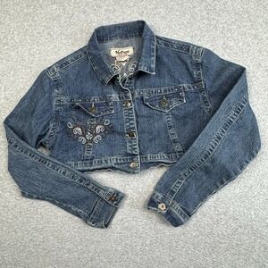 No Fuze Women XL Cropped Denim Jacket Blue Embroidered Studded Western Boho